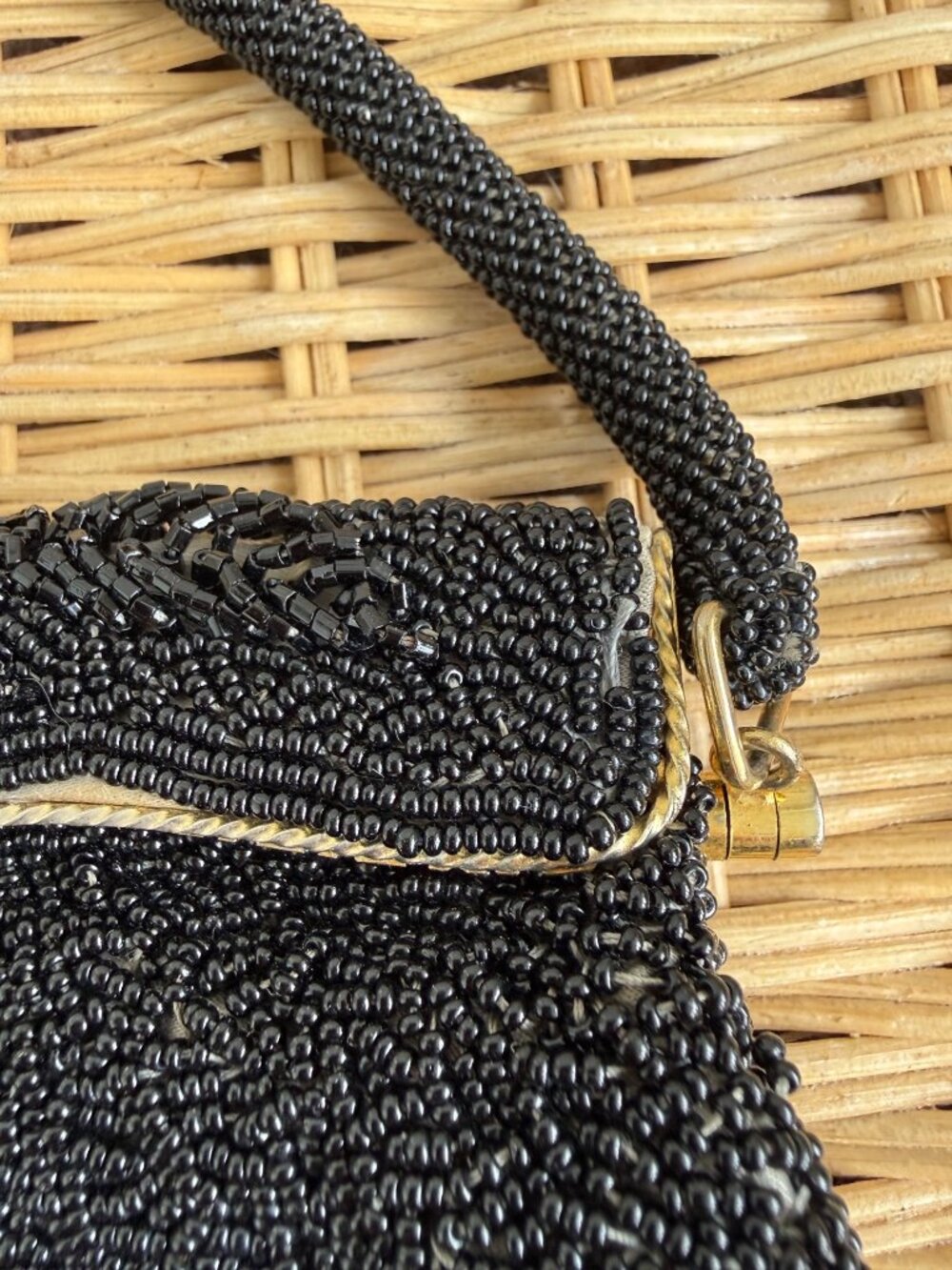 Vintage 1960s Black Glass Floral Seed Beaded Top Handle Formal Purse - Picture 9 of 16